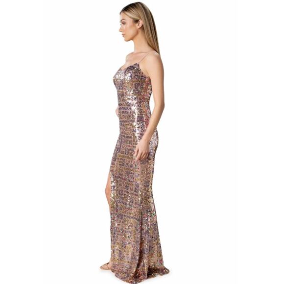 Dress The Population Tori Sequin Mermaid Gown Sweetheart Slit Formal Maxi Dress - Picture 3 of 16